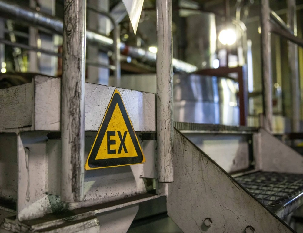 A yellow warning 'EX' sign in an industrial setting.