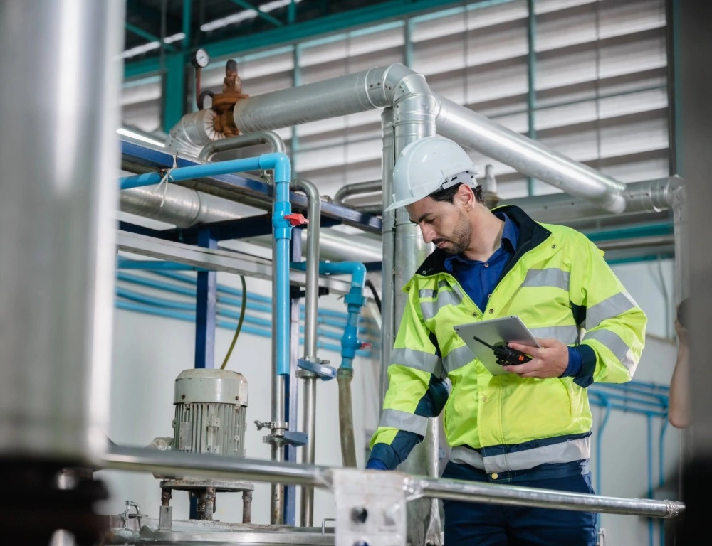 An engineer in protective gear inspecting a system.