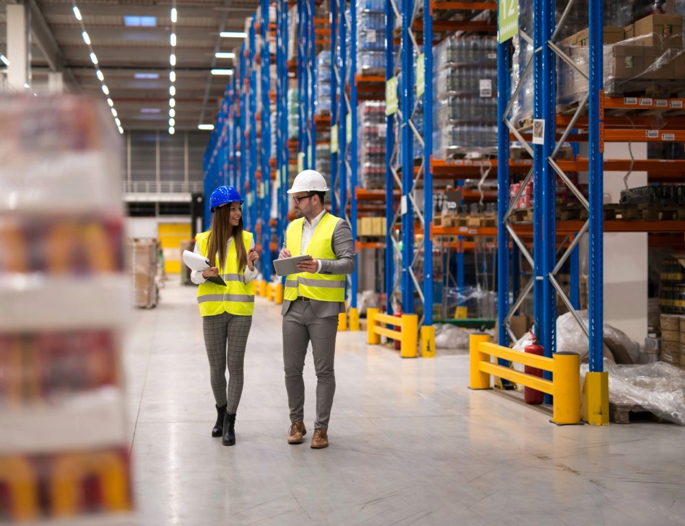 Two people in hi-vis jackets walk through a warehouse.