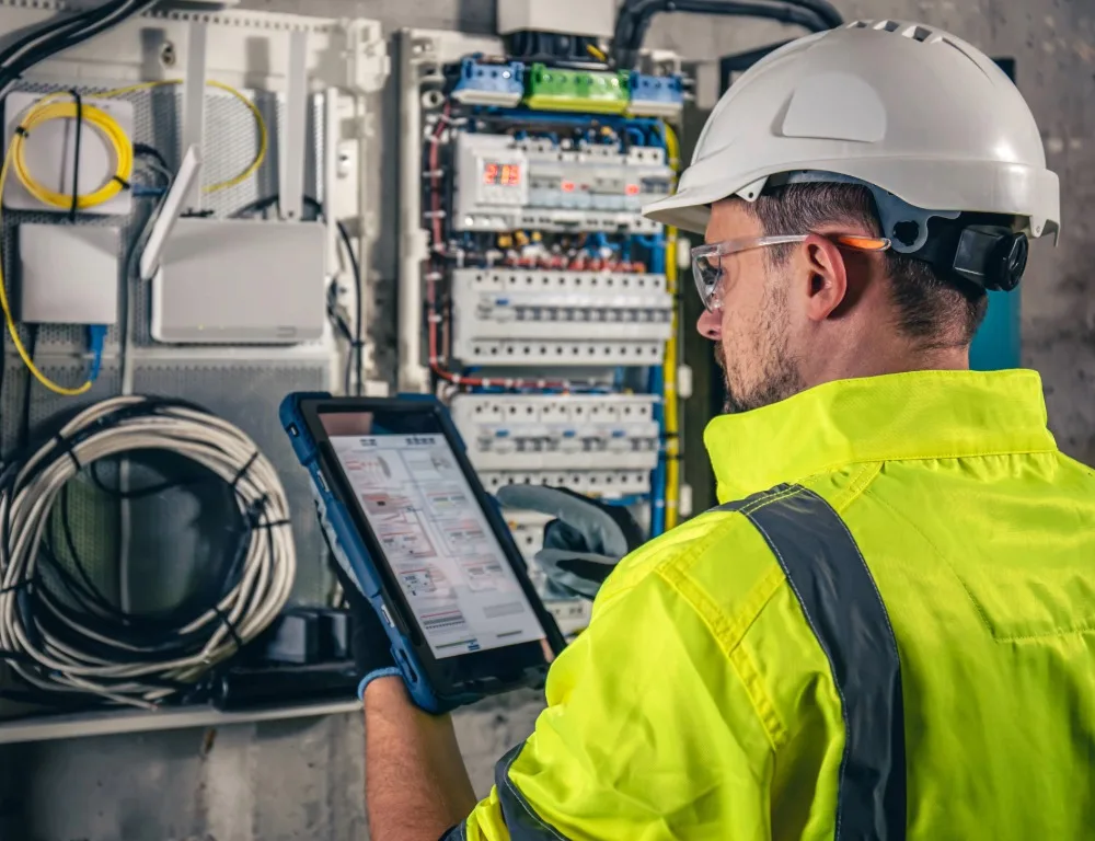 An electrical engineer uses a tablet to inspect an installation.