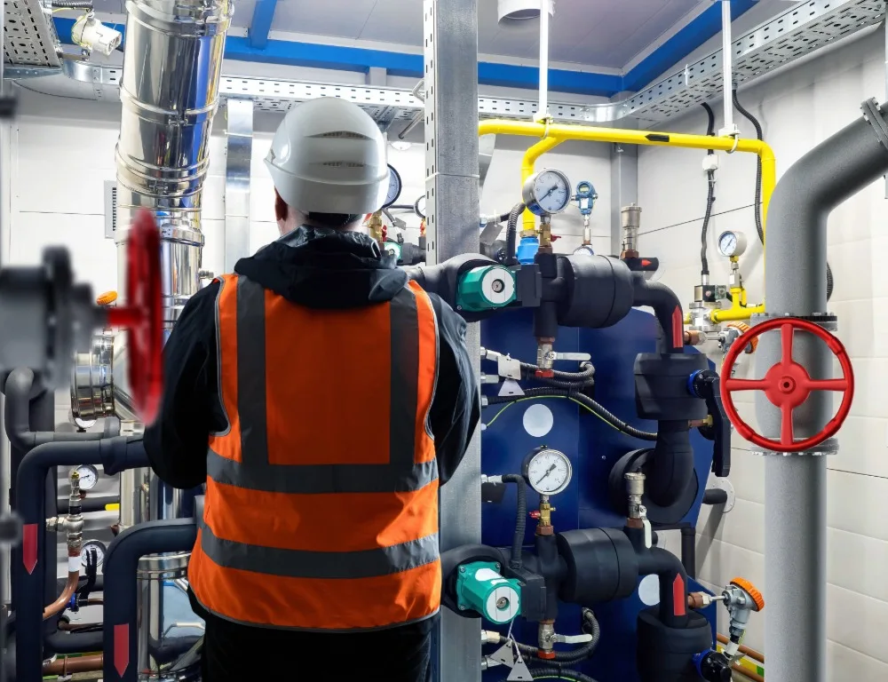 An engineer in a hard hat works on a gas system.