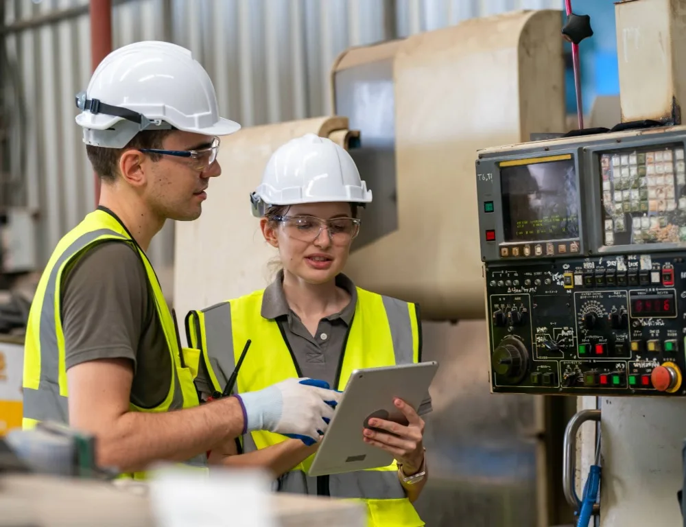 Two colleagues in protective gear carrying out an equipment inspection.