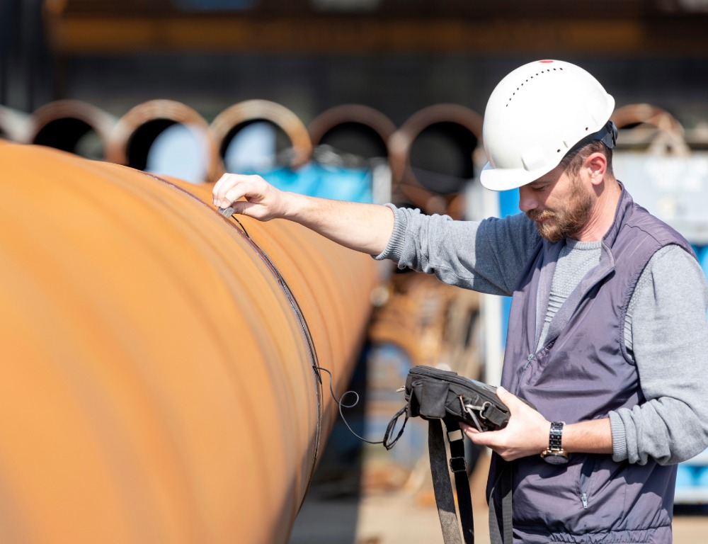 An engineer in protective gear next to a large pipe.