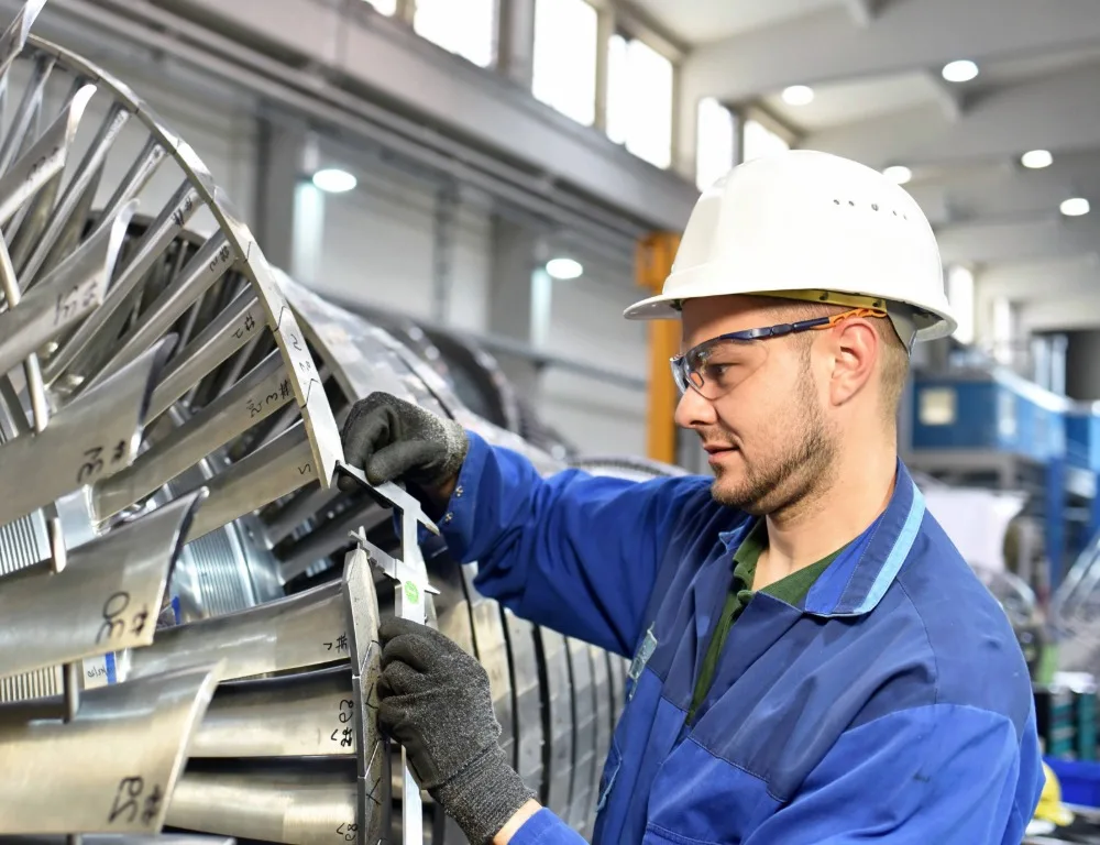 A man in a hard hat and blue overalls in a manufacturing faciility.