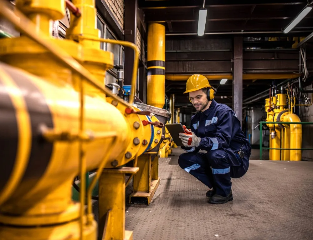 Industrial technician checking gas pipeline installations inside a refinery.