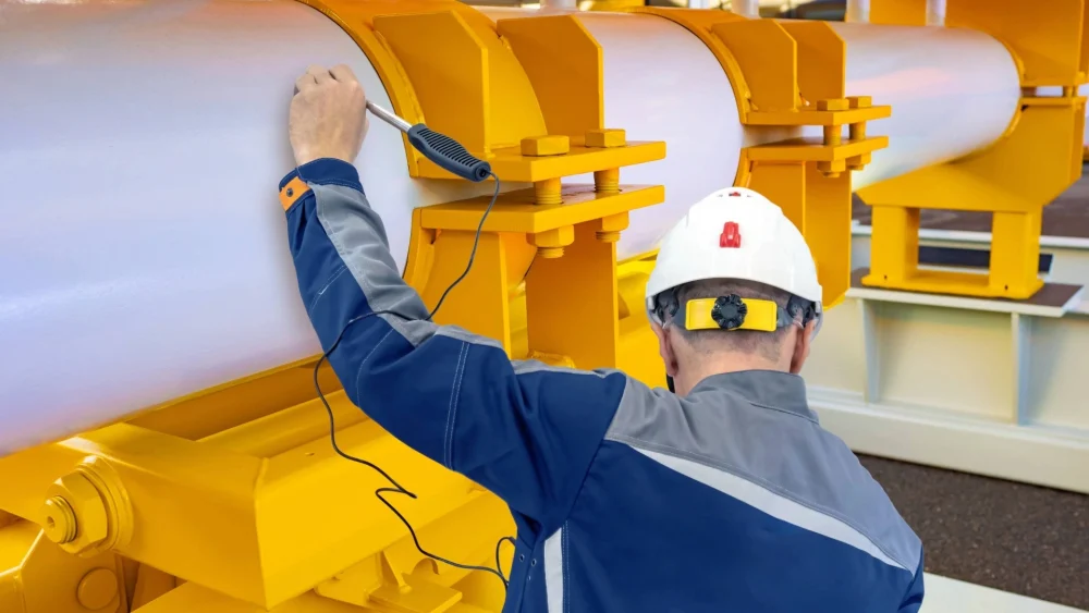 An engineer inspecting large industrial pipework,