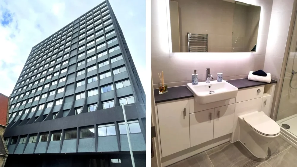 A large apartment building on the left and a picture of a small bathroom on the right.